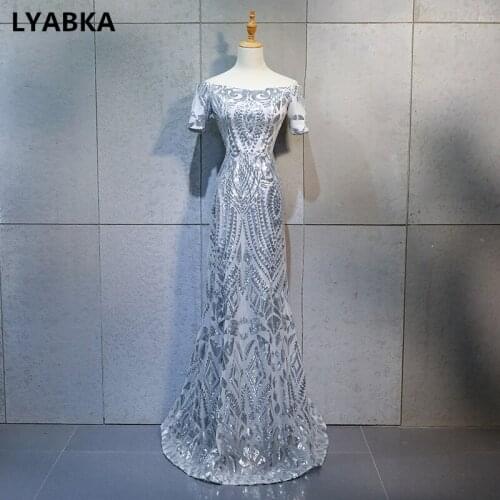 Evening Dress Robe De Soiree Scoop Neck Sliver Gray Prom Dress Short Sleeve Evening Dresses Long Dress 2019 Vestido De Festa