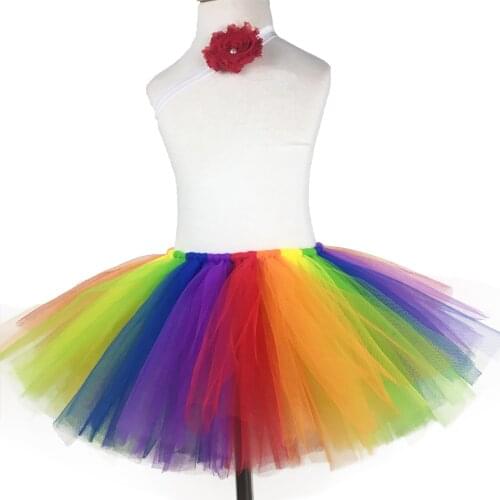 Rainbow Color Girls Tutu Skirts Kids Ballet Dance Tulle Pettiskirt Tutus with Red Hairbow Children Birthday Party Costume Skirt