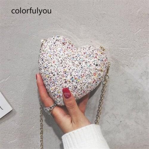 Luxury Ladies Heart Shape Evening Shining Clutch Bag Fashion Sequin Women mini Bridal Wedding Party Purses Chain Bag Sac a main