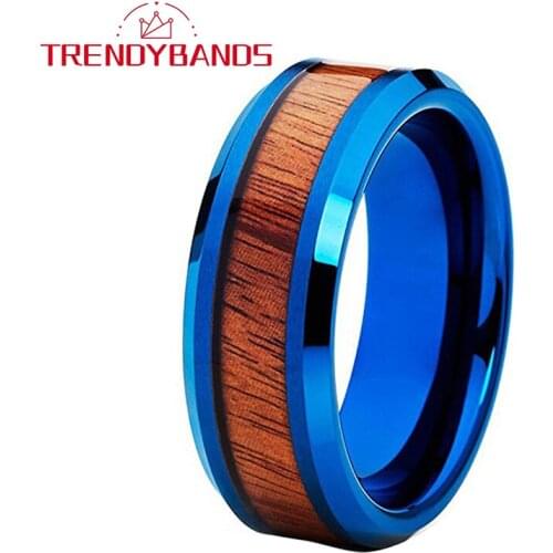 Blue 8MM Mens Womens Tungsten Carbide Rings Wedding Bands Koa Wood Inlay Beveled Edges Polished Shiny Comfort Fit
