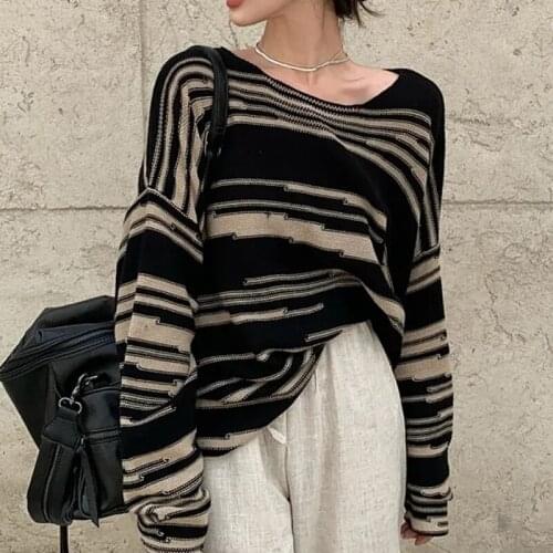 Vintage Striped Sweater Women Long Sleeve Tops Retro Oversized Pullover Knitted Jumpers Loose Patchwork Hip Hop Fall Sweater