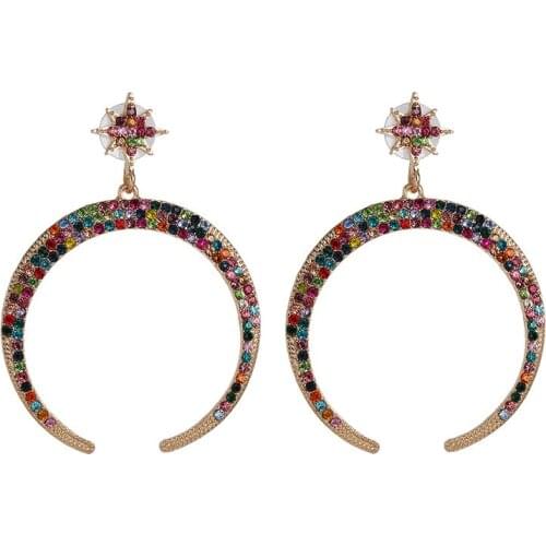 Vintage Big Luxury Moon Stars Earrings Black Colorful Full Rhinestone Statement Earrings for Women Golden Boho Jewelry 2020