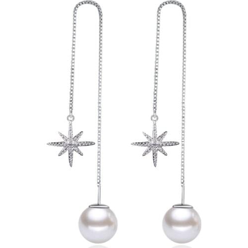 100% 925 sterling silver shiny crystal star pearl ladies`long drop earrings jewelry wholesale gift drop shipping