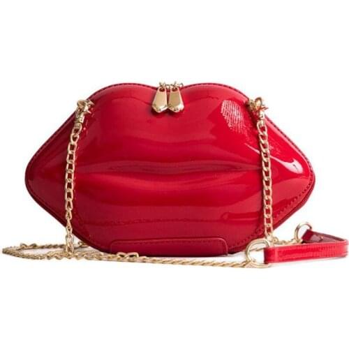 Women Red Lips Clutch Bag High Quality Ladies Patent PU Leather Chain Shoulder Crossbody Bag Bolsa Evening Bag Lips Shape Purse