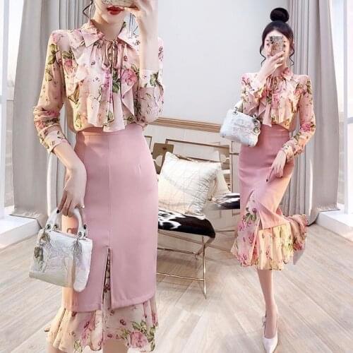 Floral Elegant Women Dress Sets Summer New Design Pink Bow Neck Ruffles Bud Elegant Office Lady Clothing Suits Top Quality