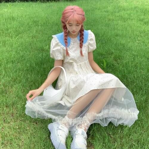 Sannian Sweet Dresses Women Summer 2021 New Bubble Sleeve Doll Neck Polka Dot Lace Mesh Lolita Dress Women Clothes