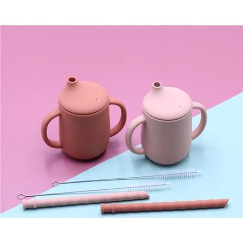 3Pcs/set Newborn Silicone Straw Cups with Double Handles Straw Cleaning Brushers Children Baby Drinking Bottle 10 Colors