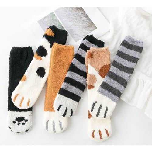 Ladys Coral Velvet Cartoon Middle Socks Autumn Winter Cat Paw Cute Thickened Warm Sleeping Socks