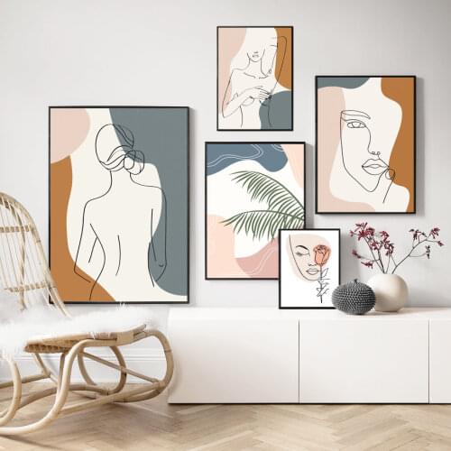 Abstract Line Drawing Girl Body Poster Nordic Palm Leaf Flower Wall Art Canvas Painting Decorative Pictures for Living Room