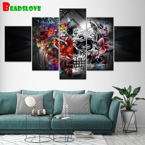 5d diy diamond embroidery skull with flowers tiger face 5 Pieces diamond painting Cross stitch kit for Abstract wall stickers