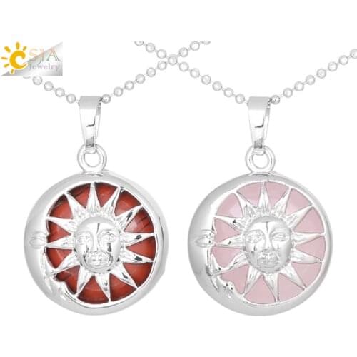CSJA New Design Necklaces & Pendants Sun Moon Pendant with Necklace Natural Stones 16 Colors Choice Healing Balance Jewelry F372