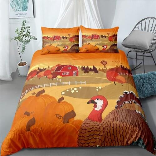 3pcs Thanksgiving Cartoon Drawing Pattern Bedding Set With Bed Sheet Pillowcase Cute Turkey Pumpkin Soft Duvet Cover Microfiber
