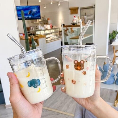 Korean Cartoon Animal Glass Water Cup With Scale With Lid Simple Cute Milk Cups With Handle Straw Breakfast Water Bottle