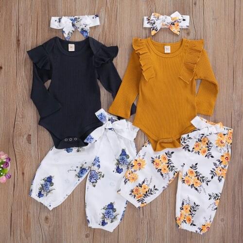 Baby Girls Spring Autumn Clothes Girl Long Sleeve Floral O-neck Kniting Ruffle Tops+Flower Long Pants + Headband Suits