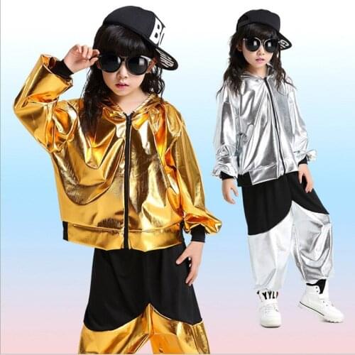 Children girl adult performance gold silver Hip hop HIPHOP Jazz modern Ballroom break dance suit hooded costumes Pants men boy