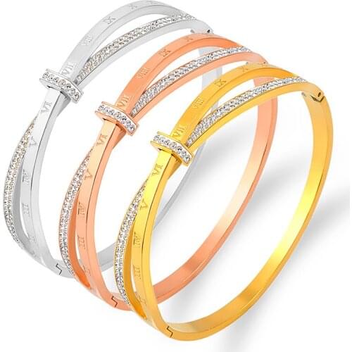 Cross Roman Letter Bracelet with Stones Titanium Steel Full Crystals Charms for Bracelets Woman Metal Bangles Female Jewelry