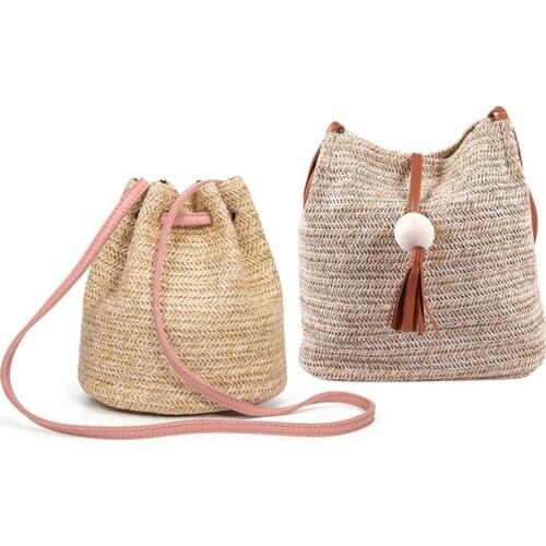 2Pcs Summer Straw Bucket Bag Weave Purse Handbag Fringe Bohemian Bag Pouch - Pink & Brown