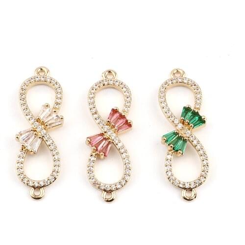 Copper Connectors Infinity Symbol Gold Color Rhinestone Colorful Bowknot Charms DIY Making Bracelets Jewelry 31mm x 10mm,2PCs
