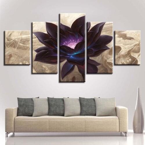 HD Printed Modular Canvas Poster Wall Art 5 Pieces Black Purple Lotus Pictures Living Room Home Decor Abstract Flower Painting