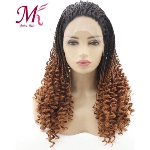 Moko Long 2X Twist Braided Synthetic Lace Front Wig Ombre 1B Brown Fiber Hair Lace Wigs for Women Free Part Curly Braids Wig
