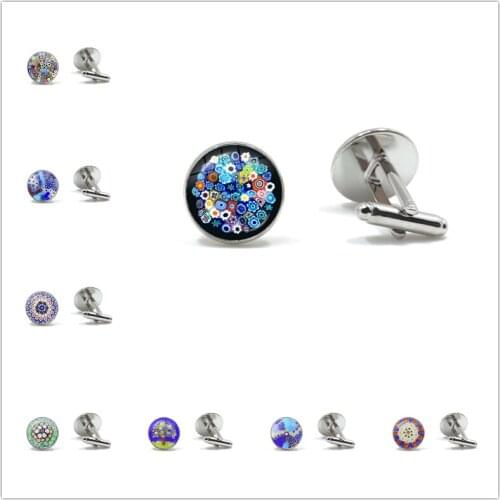 Murano Millefiori Cufflinks MultiColour Flower Glass Cabochon Dome Copper Sleeve Button Jewelry For Men Shirt Gift Dropship