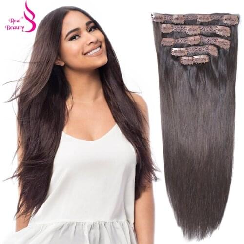 Real Beauty Machine Made European Straight Clip In Hair Extensions Remy Human Hairpieces Dark Color Full Head Set 14"-24"