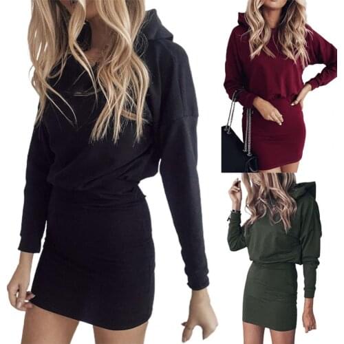 Autumn Sexy Hooded Long Sleeve Mini Dress Skin-friendly Mini Dress Solid Color for Daily Wear