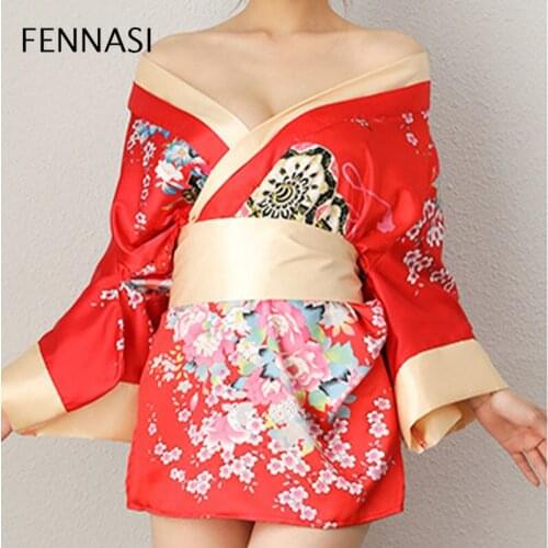 FENNASI Sexy Skirt Hollow Out Japanese Embroidery Bowknot Pajamas Kimono Temptation Clothes For Sex Womens Erotic Underwear