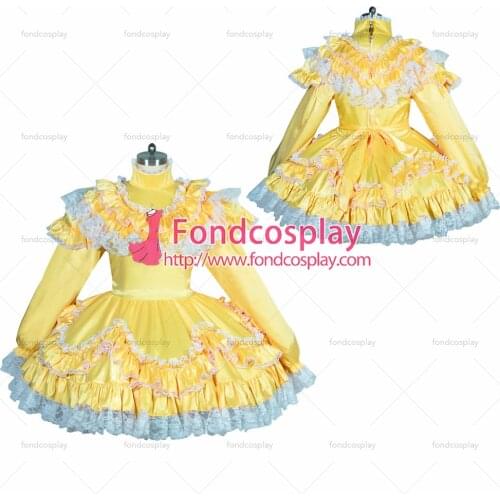 Fondcosplay adult sexy cross dressing sissy maid short French lockable yellow satin dress white lace TV Tailor-made[G3918]