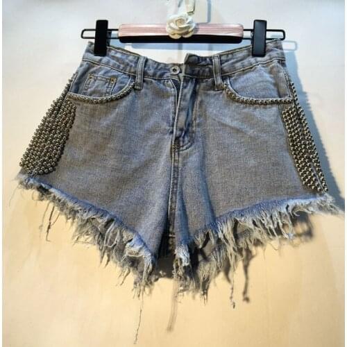 Women Shorts Limited Time-limited Cotton Short Jeans 2019 Summer Cowboy Shorts Heavy Work Beaded High Waist Wide Leg Raw Female