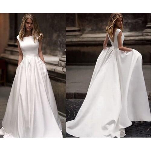 Lorie Wedding Dresses With Pocket 2019 Vestido de novia Satin White Sleeveless Bridal Gowns Floor Length Wedding Gown