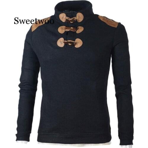 2020 Autumn Mens Sweater Pullover Male Long Sleeve Horn Button Knitted Turtleneck Sweaters slim fit Black Gray Pullovers