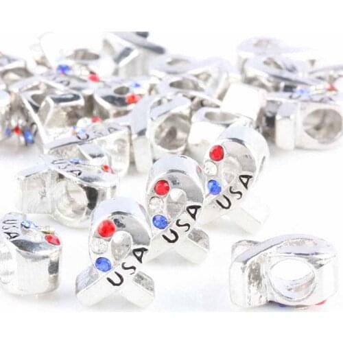 TUMBEELLUWA 1Lot (10Pc) Rhinestone Crystal American USA Ribbon Awareness European Bead Charm Fit DIY Chain Bracelet Pendant