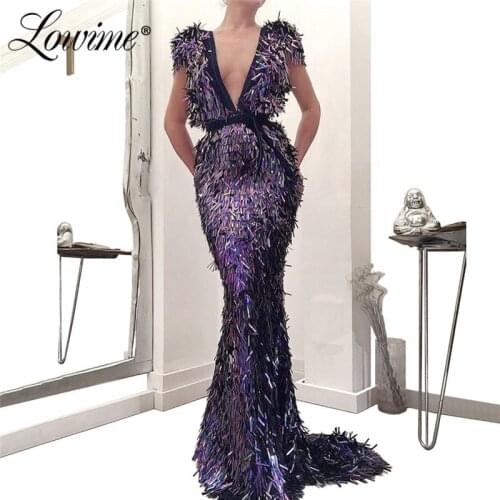 Sequin Deep V Neck Evening Dress 2019 Mermaid Sexy Prom Dresses Robe De Soiree Capped Sleeves Wedding Party Gowns Robe De Soiree