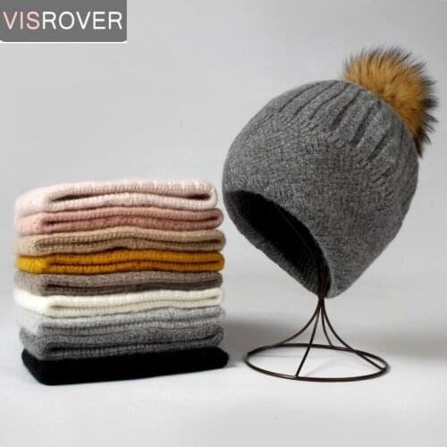VISROVER 9 Colors Winter Beanies Solid Hats Real Fur Pompom Rabbit Cashmere Woman Skullies Stripe Beanie With Ball Fashin Bonnet