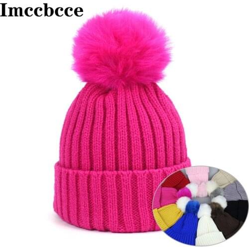 New Newborn Cute Pompom Baby Kids Girls Boys Winter Warm Knit Hat Furry Balls Pom Pom Solid Warm Cute Lovely Beanie Cap Gifts