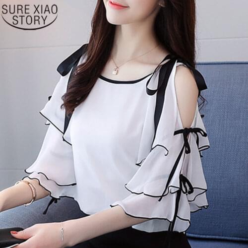 2019 Off Shoulder Top Ladies Korean Fashion Clothing Tops Harajuku Womens Tops Blouses Chiffon Blouse White Shirt 3096 50