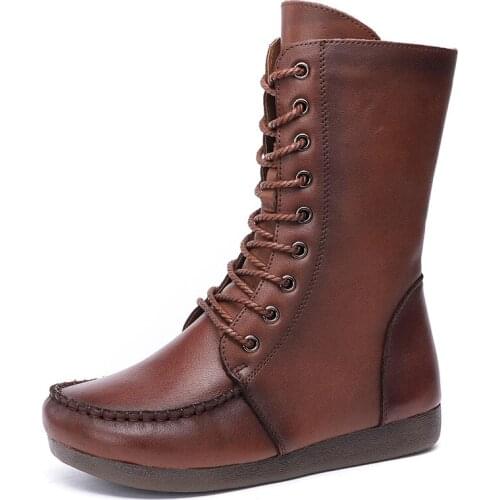 UMMEWALO Lace Up Boots Women Round Toe Winter Side Zipper Design Medium Top Genuine Leather Boots Ladies