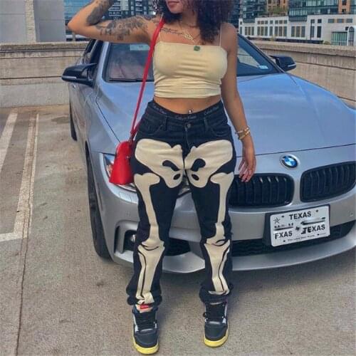 Women Low Waist Slim Jeans Y2K Grunge Black Casual Denim Pencil Pants Bones Skull Printed Safari Trousers Autumn Punk Streetwear