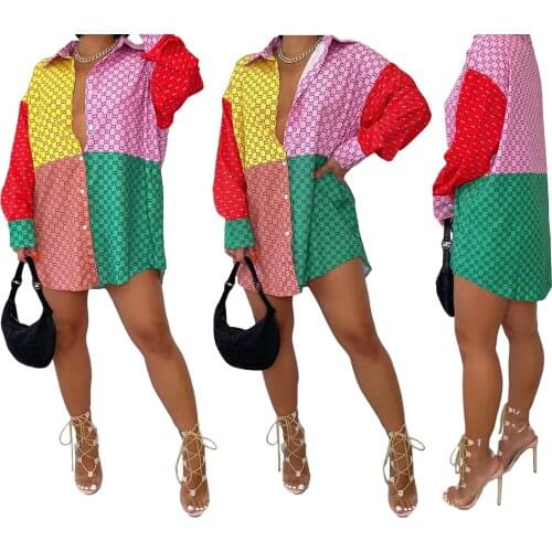 Echoine Women Printed Color Block Shirt Suit Colorful Grid Patchwork Maxi Dresses For Women Long Sleeve Straight T-shirt Skirt