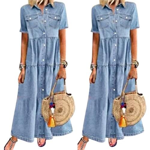 Womens Dresses Summer Fashion Vintage Women Short Sleeve Turn Down Collar Pockets Buttons Long Loose Denim Dress Robe Longue