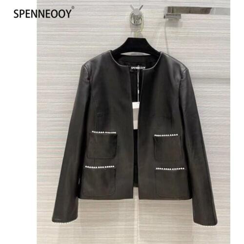 SPENNEOOY Designer Autumn High-End Black Genuine Leather Overcoat Outwear Women Camellia Print Lining Sheepskin Coat