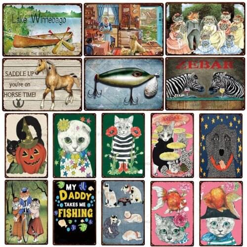 Cartoon Animal Metal Signs Vintage Dog Cat Fish Horse Wall Iron Painting Tin Plates For Bar Pub Club Pet Shop Farm Decor 20x30cm