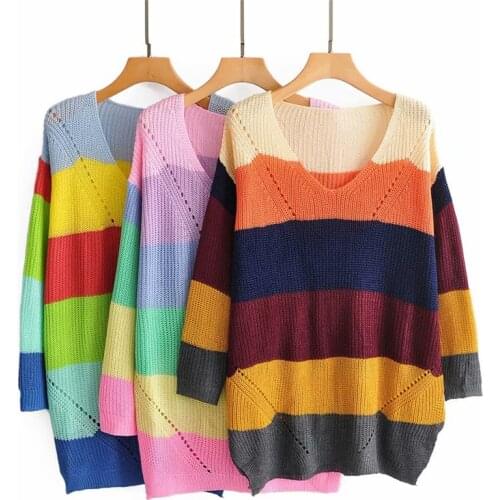 2021 Winter V-neck sweaters for women rainbow stripes fashion pullover female knitted jumper ladys sweater hot kawaii clothes