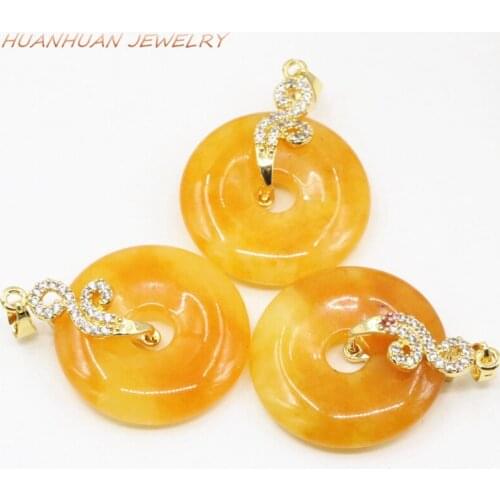 25mm Chain Pendant Natural Yellow Stone Jades Chalcedony Zircon Inlay Circle Round Reiki Pendulum Pendants Amulet Jewelry B3352