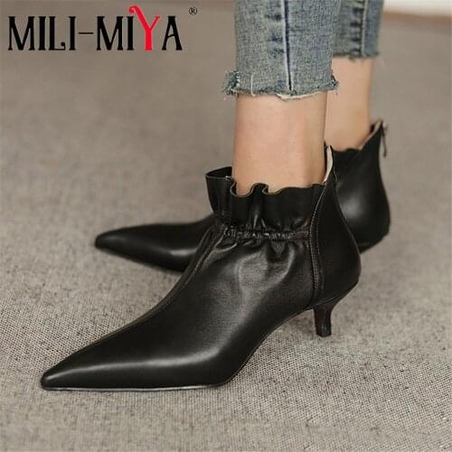 MILI-MIYA High Quality Women Full Genuine Leather Ankle Boots Pointed Toe Thin Heel Zippers Solid Color Folds Office&Career Shoe