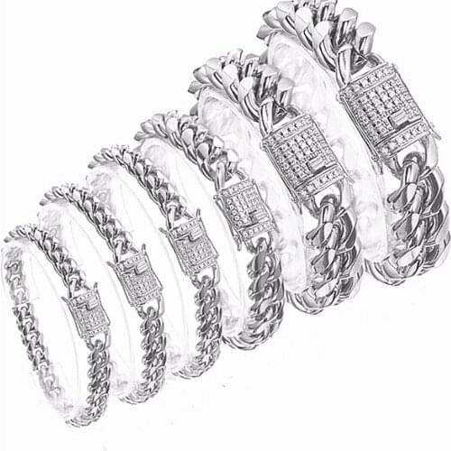 8/10/12/14/16/18mm Mens Womens Curb Miami Chain Bracelet Stainless steel Silver Color With Rhinestone Bracelet 7-12