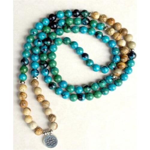 6mm African Turquoise Picture Stone Lotus Pendant Necklace Mala Buddhism Religious Meditation Spiritua Wristband Retro