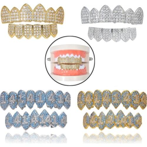 Blue/Gold Color 1414 Teeth Grillz Hip Hop Denture Bling AAA Cubic Eight Top Bottom Vampire Teeth Set Gift