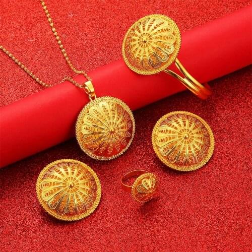 Ethiopian Jewelry Set Pendant Necklaces Earrings Ring Bangles for Women Eritrean African Bride Gift
